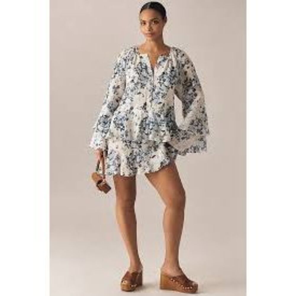 NWOT Maeve By Anthropologie Long-Sleeve V-Neck Mini Swing Dress Blue White Sz 2X - Picture 2 of 16